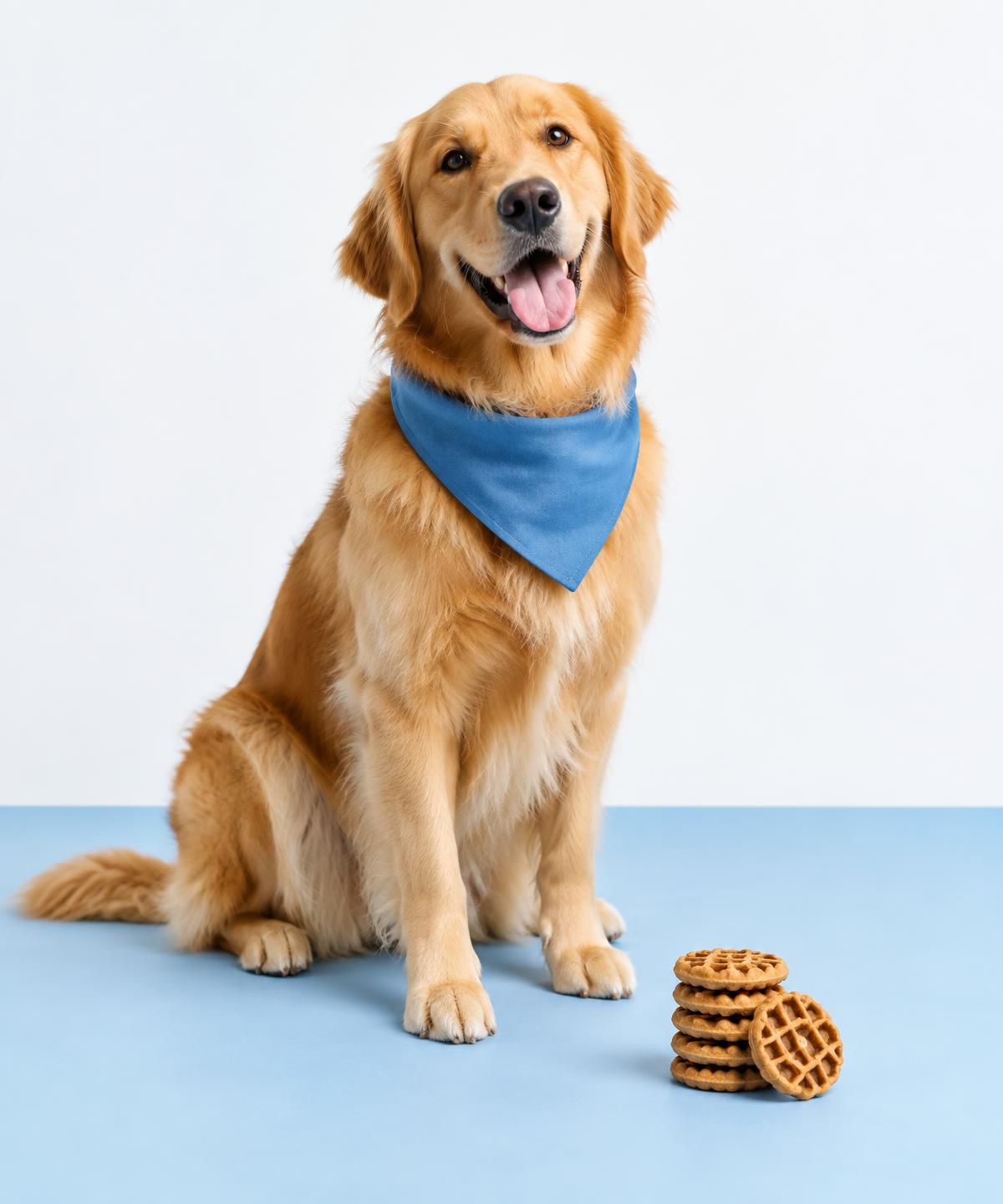 Happy golden retriever beside waffle-shaped dog treats