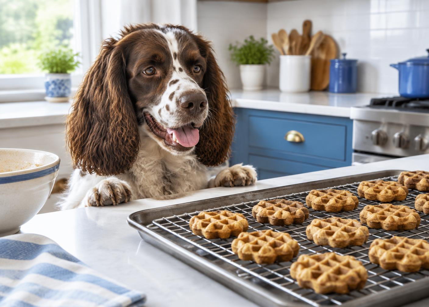 Spaniel watching fresh dog waffles cool in a bright kitchen
